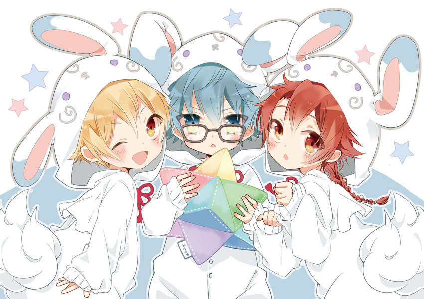 3boys alexander_(fate/grand_order) animal_costume animal_hood blonde_hair blue_eyes blue_hair braid child child_gilgamesh cosplay fate/grand_order fate_(series) fou_(fate/grand_order) fou_(fate/grand_order)_(cosplay) glasses hair_between_eyes hans_christian_andersen_(fate) hood long_hair looking_at_viewer male_focus multiple_boys nanao_(tsubaki) one_eye_closed open_mouth pixiv_fate/grand_order_contest_1 red_eyes redhead single_braid smile star white_background