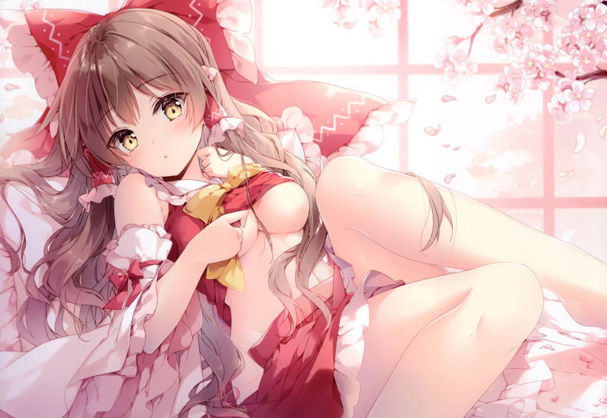 1girl :o absurdres bangs bare_legs bare_shoulders bed_sheet blush bow breasts brown_hair cherry_blossoms detached_sleeves eyebrows_visible_through_hair feet_out_of_frame frilled_bow frilled_pillow frilled_shirt_collar frills groin hair_bow hair_tubes hakurei_reimu hand_up highres huge_filesize indoors lifted_by_self long_hair long_sleeves looking_at_viewer medium_breasts midriff miniskirt mochizuki_shiina navel no_bra no_panties nontraditional_miko parted_lips petals petticoat pillow red_bow red_skirt scan shadow sitting skirt skirt_set sleeveless solo stomach thighs touhou under_boob very_long_hair vest vest_lift wavy_hair wide_sleeves window yellow_bow yellow_eyes yellow_neckwear