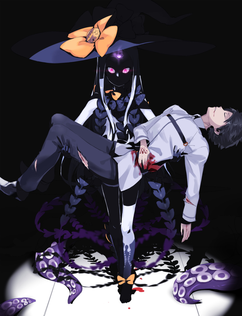1boy 1girl abigail_williams_(fate/grand_order) ankle_ribbon black_hair blood blood_from_mouth blood_splatter bloody_clothes carrying command_spell commentary deep_wound fate/grand_order fate_(series) fujimaru_ritsuka_(male) glowing glowing_eyes hat highres holding_another injury lavender_hair long_hair long_sleeves multiple_bows pale_skin princess_carry revealing_clothes ribbon shaded_face short_hair spotlight standing tentacles third_eye usuaji very_long_hair witch_hat