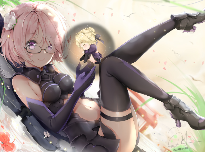 2girls armor armored_dress artoria_pendragon_(all) bare_shoulders black_dress black_footwear black_legwear black_skirt blonde_hair breasts commentary dress elbow_gloves english_commentary eyebrows_visible_through_hair fate/grand_order fate_(series) flower glasses gloves hair_flower hair_ornament hair_over_one_eye highres lavender_hair looking_at_viewer lying mash_kyrielight medium_breasts mixed-language_commentary multiple_girls navel on_back pedo0201 purple_hair saber_alter short_hair signature skirt sleeveless sleeveless_dress thigh-highs violet_eyes white_flower