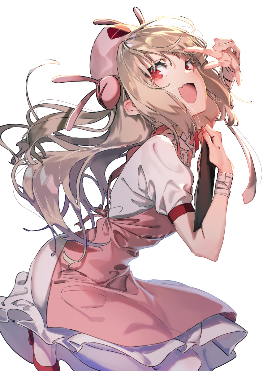 &gt;_&lt; 1girl :d absurdres apron arm_up bandaged_arm bandages brown_hair bunny_hair_ornament clipboard commentary_request fang fingernails hair_ornament hand_up hat high_heels highres holding long_hair looking_at_viewer looking_to_the_side nail_polish natori_sana nurse_cap open_mouth pantyhose pink_apron pink_headwear pink_nails pleated_skirt puffy_short_sleeves puffy_sleeves red_eyes red_footwear rolua sana_channel shirt shoes short_sleeves simple_background skirt smile solo two_side_up v_over_eye very_long_hair virtual_youtuber white_background white_legwear white_shirt white_skirt