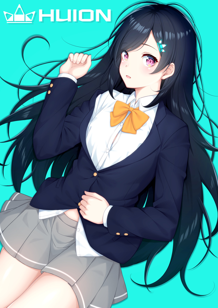 1girl absurdres black_hair blazer blue_background bow commentary_request copyright_name dutch_angle grey_skirt hair_ornament hand_up highres huion jacket long_hair looking_at_viewer ochiai_miyabi pleated_skirt school_uniform simple_background skirt very_long_hair watermark yellow_bow
