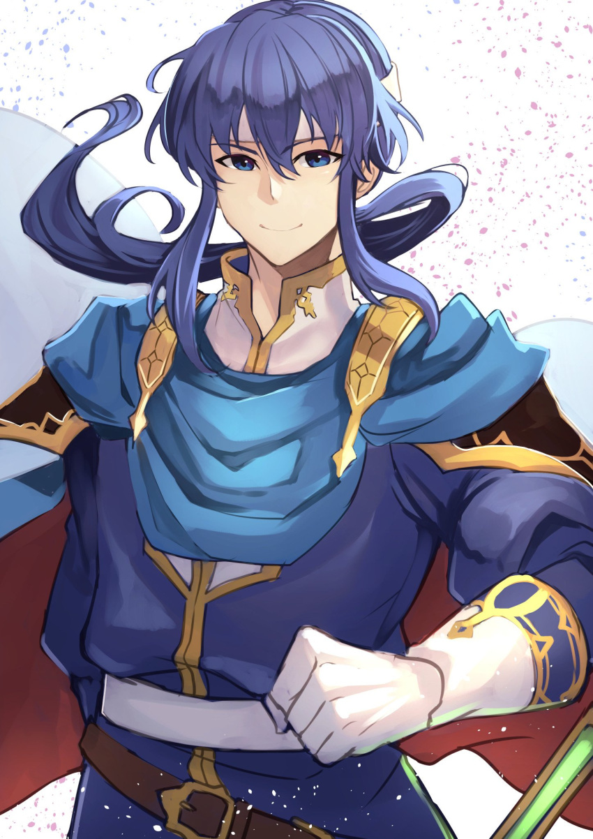 1boy blue_eyes blue_hair cape celice_(fire_emblem) fire_emblem fire_emblem:_seisen_no_keifu gloves headband highres long_hair looking_at_viewer male_focus nakabayashi_zun ponytail simple_background smile solo