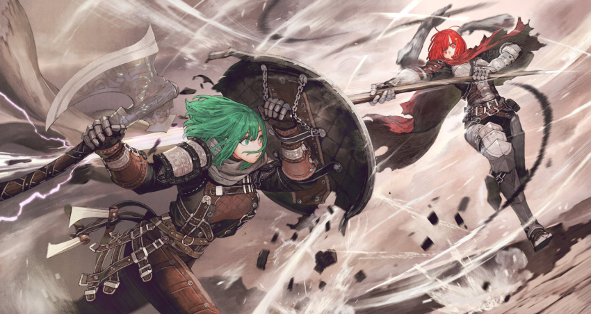 2girls angry armor armored_boots axe axe_(seojh1029) battle belt belt_pouch boots broken_shield chain cloak commentary_request gauntlets green_eyes green_hair hair_ornament hairclip highres holding holding_weapon jun_(seojh1029) multiple_girls original plate_armor polearm pouch red_eyes redhead rubble running scarf shield short_hair shoulder_armor spear spear_(seojh1029) torn_cloak torn_clothes two-handed weapon