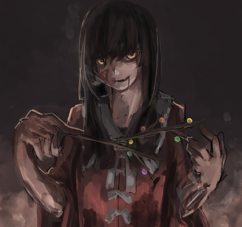 1girl absurdres bad_hands black_hair bleeding blood blood_from_mouth blood_on_face bloody_tears branch breath collared_shirt commentary dark exposed_bone exposed_muscle grey_background hands_up higasa_rin highres hime_cut holding holding_branch houraisan_kaguya injury jeweled_branch_of_hourai long_hair looking_at_viewer neck_ribbon parted_lips pink_shirt ribbon shirt sketch smirk solo touhou upper_body white_ribbon wide_sleeves wing_collar yellow_eyes