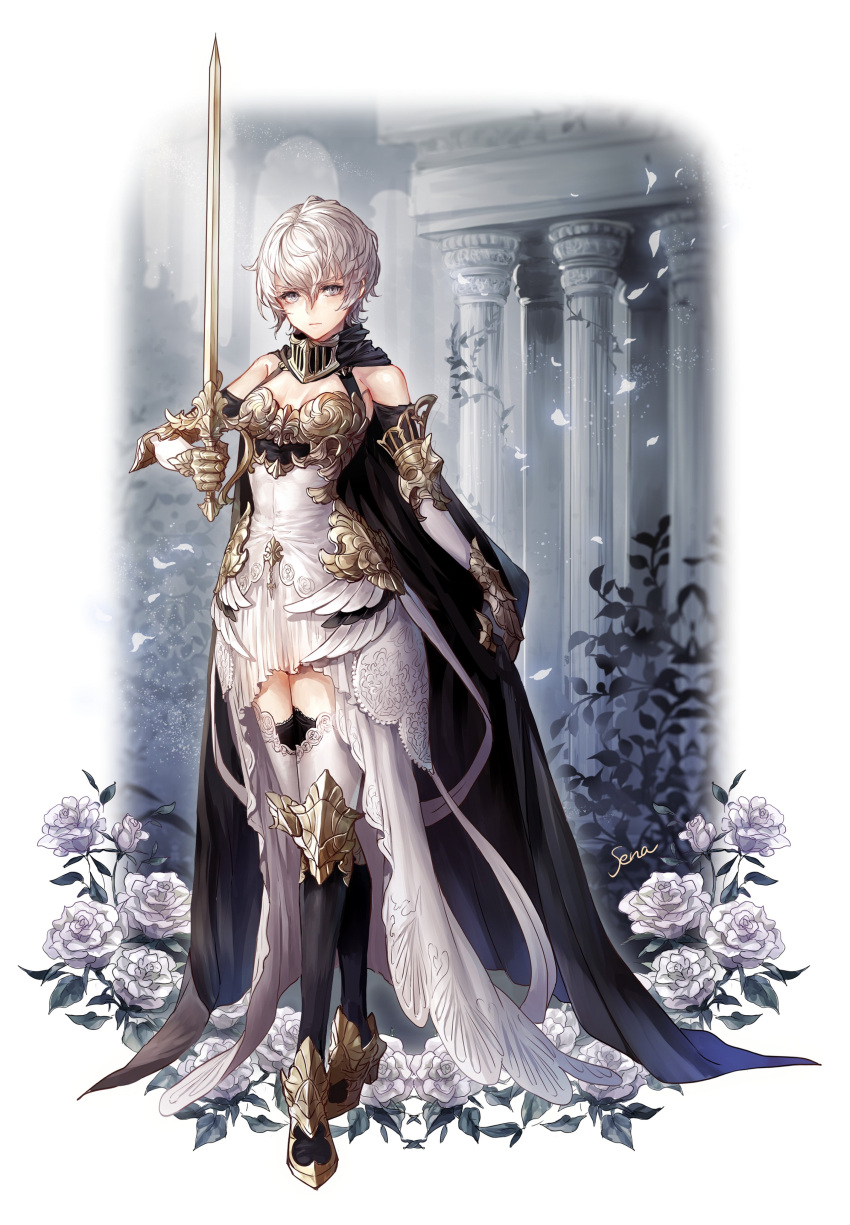 1girl absurdres bare_shoulders black_cape black_legwear cape commentary_request dress flower hair_between_eyes highres holding holding_sword holding_weapon original pillar plant senano-yu short_hair signature solo standing sword thigh-highs vines weapon white_dress white_flower white_hair