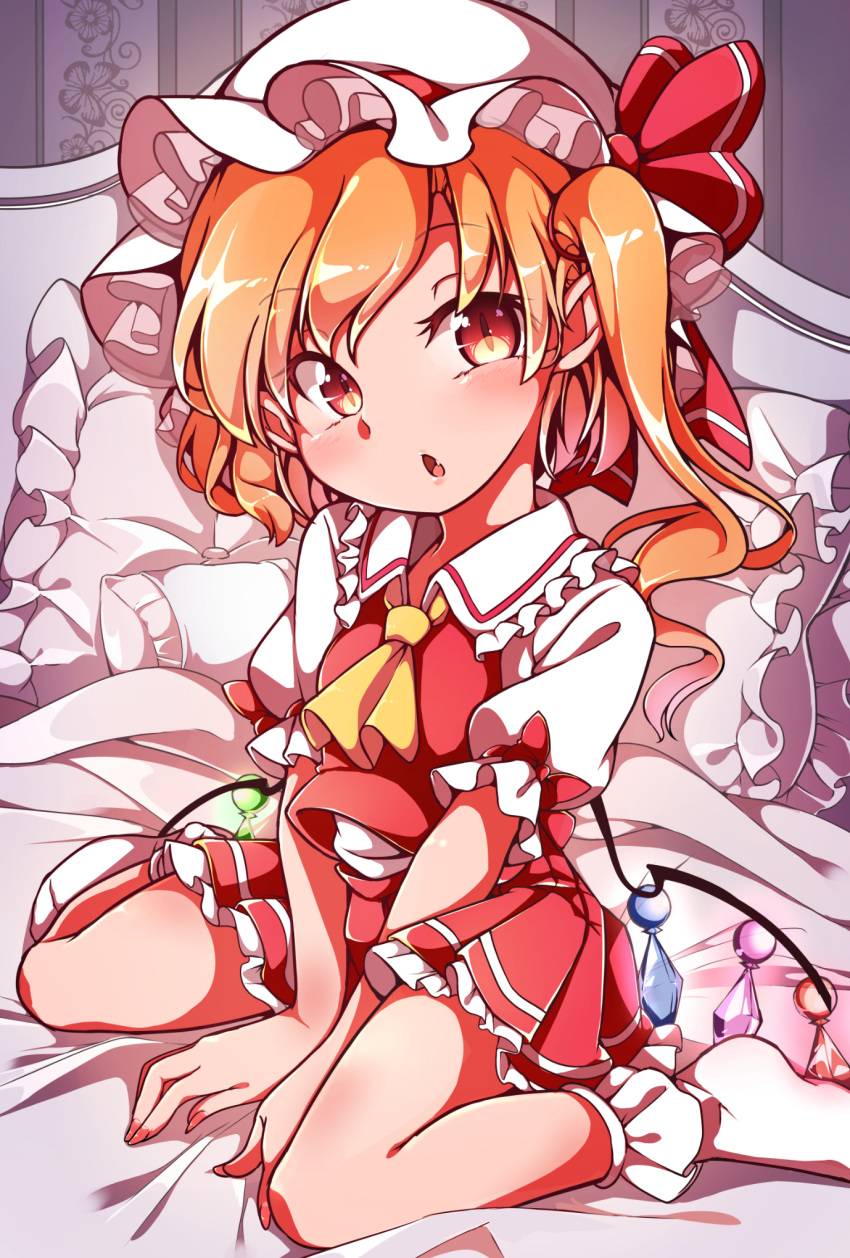 1girl :o ascot bangs bed between_legs blanket blush bow breasts collared_shirt eyebrows_visible_through_hair fang fingernails flandre_scarlet frilled_shirt_collar frills gokuu_(acoloredpencil) hand_between_legs hat hat_ribbon highres long_hair looking_at_viewer miniskirt mob_cap on_bed open_mouth orange_hair pillow pleated_skirt puffy_short_sleeves puffy_sleeves red_bow red_eyes red_ribbon red_skirt red_vest ribbon shirt short_sleeves side_ponytail sitting skirt skirt_set small_breasts socks solo touhou v_arms vest white_headwear white_legwear white_shirt wings yellow_neckwear