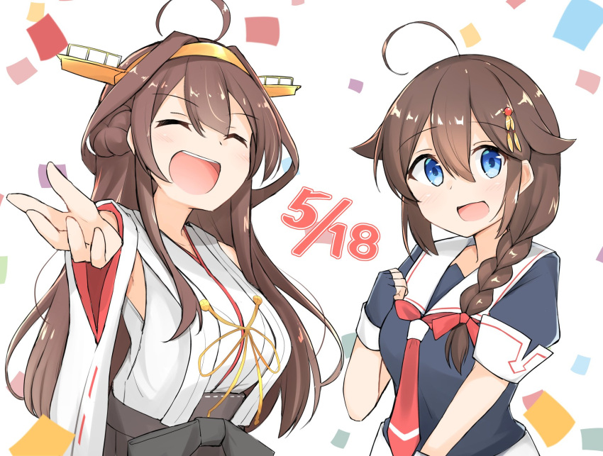 2girls ahoge black_gloves black_serafuku blue_eyes braid brown_hair closed_eyes double_bun fingerless_gloves gloves hair_flaps hair_over_shoulder headgear highres kantai_collection kongou_(kantai_collection) long_hair looking_at_viewer multicolored multicolored_background multiple_girls neckerchief nontraditional_miko open_mouth red_neckwear remodel_(kantai_collection) sakikumo_(sakumo) school_uniform serafuku shigure_(kantai_collection) smile upper_body upper_teeth white_background