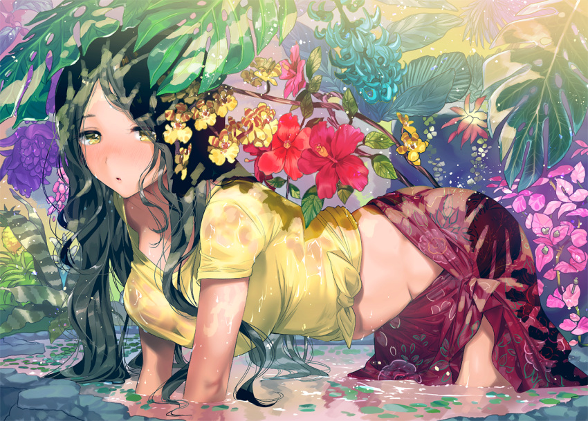 1girl all_fours bangs black_hair blush branch breasts commentary commentary_request cowboy_shot floral_print flower flower_request from_side groin hibiscus in_water large_breasts leaf long_hair looking_at_viewer ogino_atsuki original outdoors parted_bangs parted_lips pink_flower plant purple_flower red_flower sarong shirt short_sleeves solo thighs tied_shirt very_long_hair water wet wet_clothes yellow_eyes yellow_flower yellow_shirt