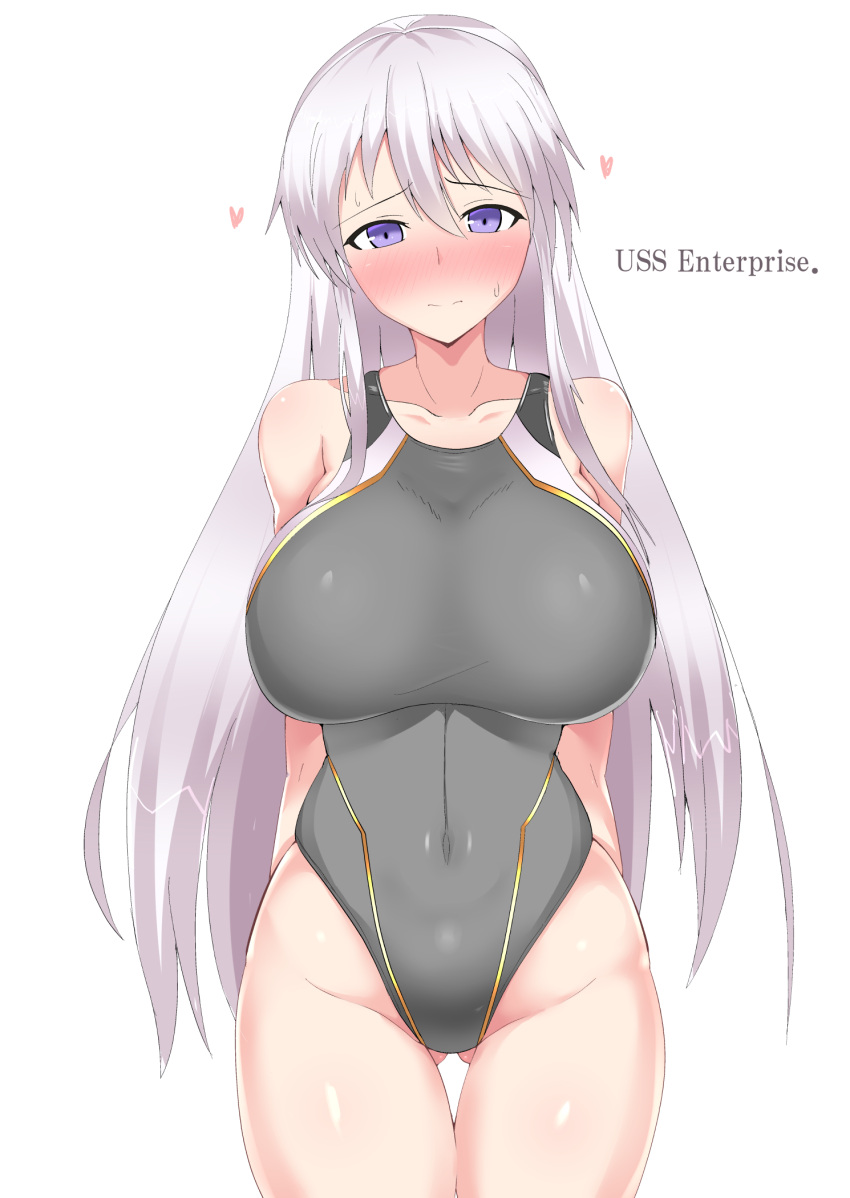 1girl aki_(akiiiiiiiii1875) arms_behind_back ass_visible_through_thighs azur_lane bare_shoulders blush breasts character_name commentary_request competition_swimsuit covered_navel cowboy_shot embarrassed enterprise_(azur_lane) highres large_breasts long_hair one-piece_swimsuit silver_hair solo standing swimsuit thighs violet_eyes white_background