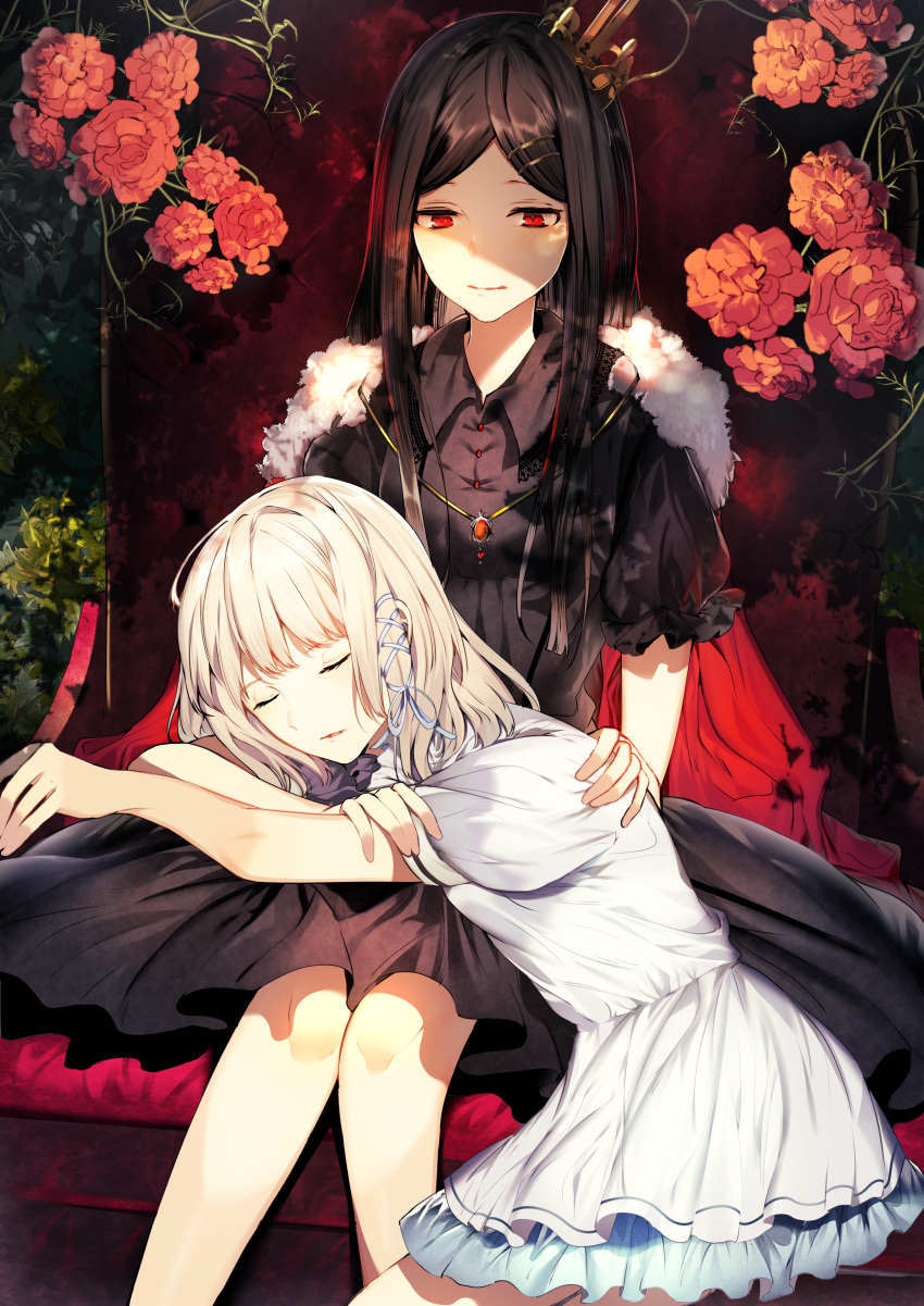 2girls absurdres black_dress black_hair blue_ribbon closed_eyes crown dress flower fur_trim hair_ornament hair_ribbon hairclip highres huge_filesize lap_pillow leo_(feeling_goooood) long_hair looking_at_viewer medium_hair multiple_girls original outdoors red_eyes ribbon short_sleeves sitting tilted_headwear white_dress yuri