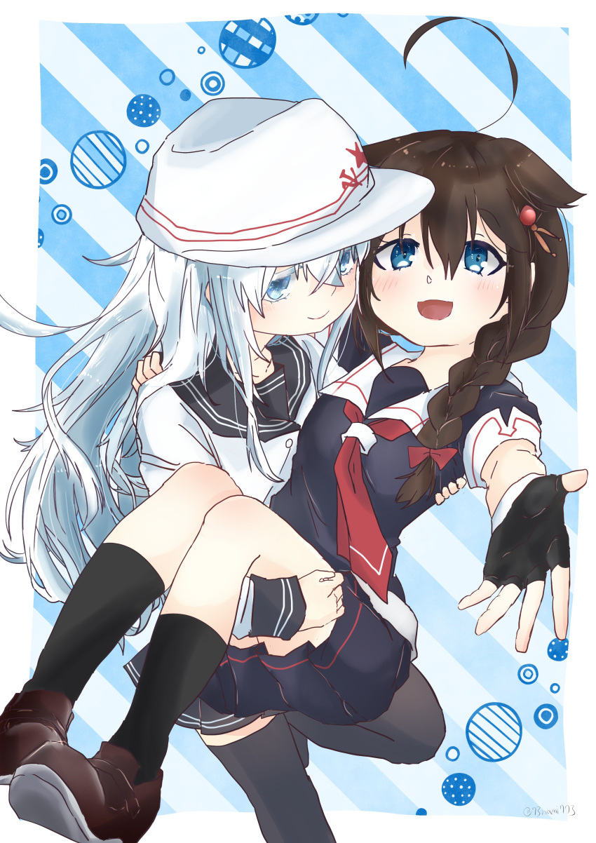 2girls :d absurdres ahoge bangs black_gloves black_hair black_legwear black_serafuku black_skirt blue_eyes blush braid breasts buttons carrying closed_mouth collarbone commentary_request eyebrows_visible_through_hair fingerless_gloves flat_cap gloves hair_between_eyes hair_flaps hair_ornament hair_over_shoulder hair_ribbon hammer_and_sickle hat hibiki_(kantai_collection) highres jacket kantai_collection kneehighs loafers long_hair long_sleeves looking_at_viewer multiple_girls nami_nami_(belphegor-5812) neckerchief open_mouth pleated_skirt princess_carry red_neckwear red_ribbon remodel_(kantai_collection) ribbon sailor_collar school_uniform serafuku shigure_(kantai_collection) shoes short_sleeves silver_hair single_braid skirt smile star thigh-highs twitter_username verniy_(kantai_collection) white_hair white_headwear white_jacket white_sailor_collar