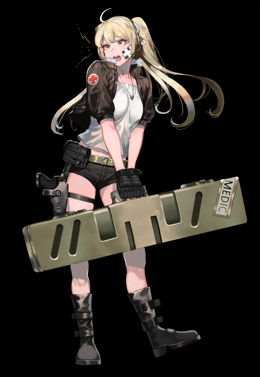 1girl ahoge belt belt_pouch black_background black_footwear black_gloves blonde_hair breasts commentary_request gloves gun headset highres holding_case holster holstered_weapon ihobus jewelry large_breasts long_hair necklace original ponytail pouch shirt short_shorts shorts shrug_(clothing) solo t-shirt thigh_holster weapon