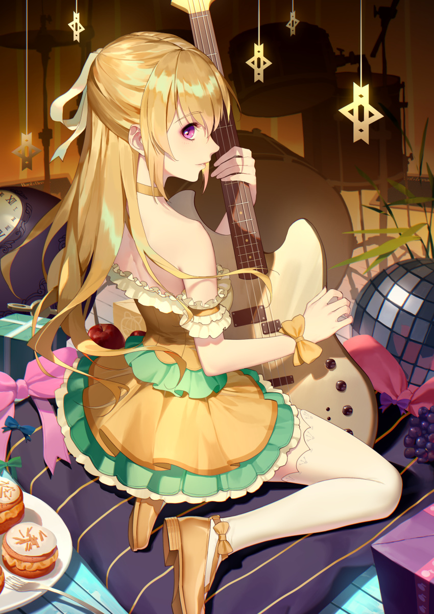 1girl absurdres apple arm_garter bang_dream! bangs bare_shoulders blonde_hair bow choker closed_mouth daye_bie_qia_lian disco_ball dress eyebrows_visible_through_hair food fork frilled_dress frills from_behind fruit guitar hair_ribbon highres instrument long_hair looking_at_viewer ribbon shirasagi_chisato sitting solo strapless strapless_dress thigh-highs violet_eyes white_legwear yellow_bow yellow_footwear