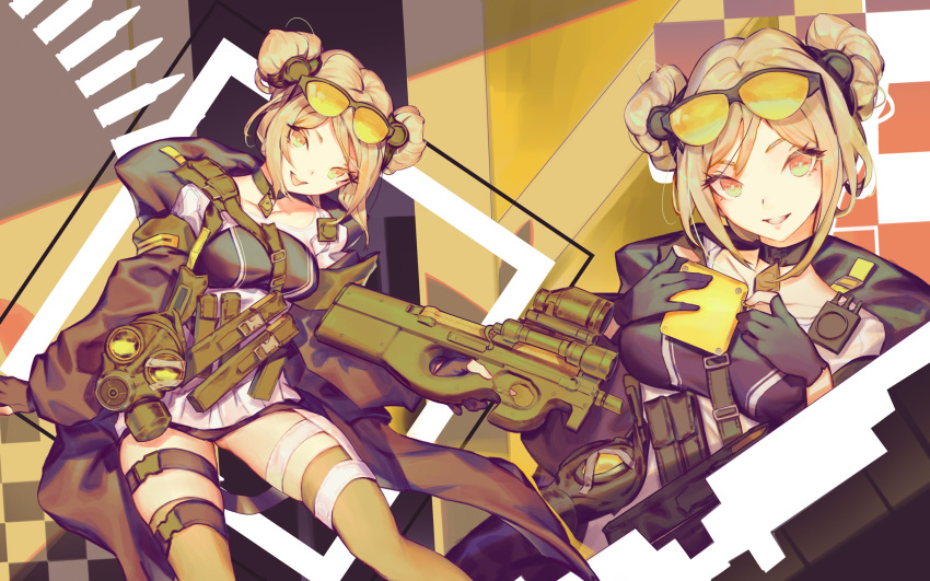 1girl :d black_gloves blonde_hair breasts brown_legwear bullpup choker double_bun eyewear_on_head gas_mask girls_frontline gloves gun highres holding holding_gun holding_weapon jacket looking_at_viewer mask mask_removed open_mouth p90 p90_(girls_frontline) saimon_ma smile solo submachine_gun sunglasses teeth thigh-highs thigh_strap weapon yellow_eyes