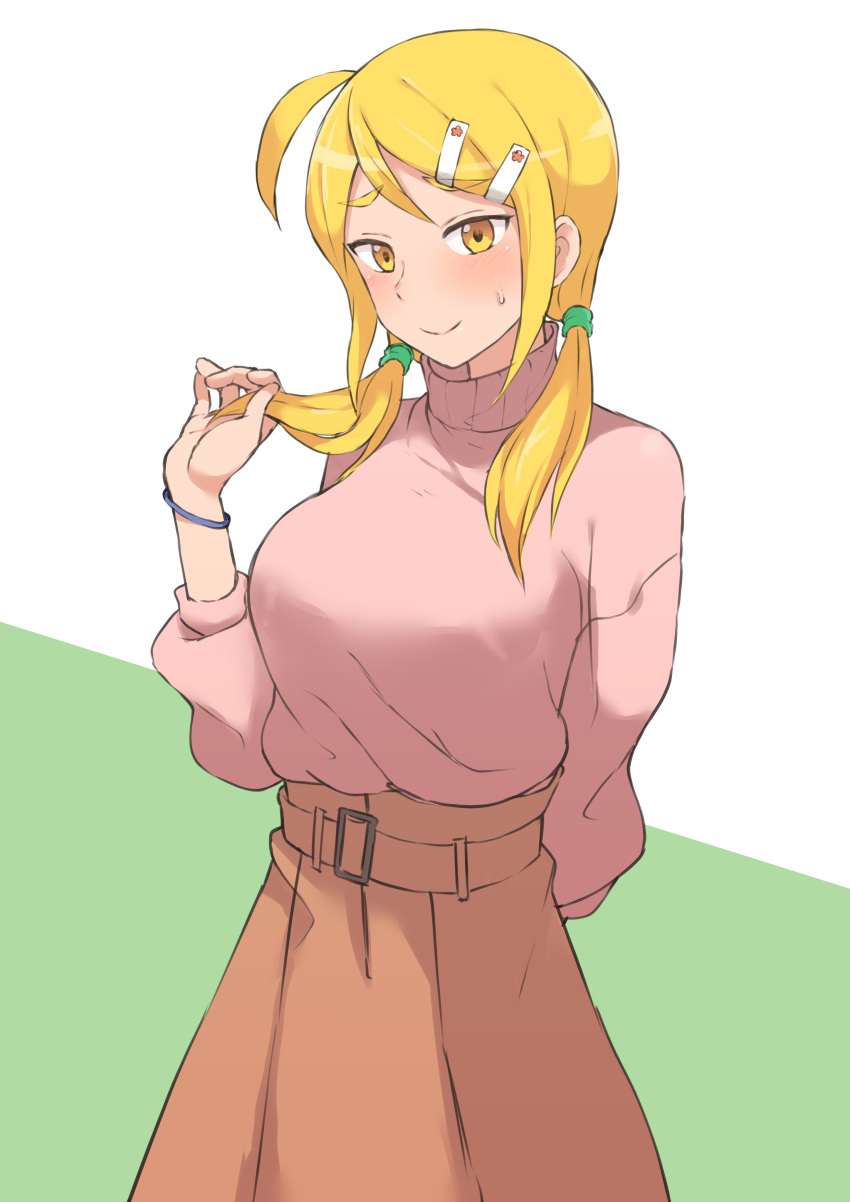 1girl absurdres ahoge belt blonde_hair blush bracelet commentary_request eyebrows_visible_through_hair hair_ornament hairclip highres jewelry long_hair looking_at_viewer original pink_sweater skirt solo sweatdrop sweater terasu_mc twintails yellow_eyes