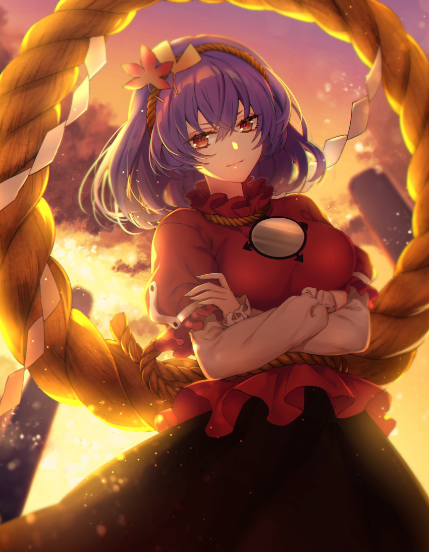 1girl bangs belt black_skirt breasts clouds commentary_request cowboy_shot eyebrows_visible_through_hair hair_between_eyes hair_ornament highres kyouda_suzuka large_breasts leaf_hair_ornament light_particles long_sleeves looking_at_viewer mirror orange_sky outdoors puffy_short_sleeves puffy_sleeves purple_hair red_eyes red_shirt rope shide shimenawa shirt short_hair short_sleeves skirt sky smile solo sunset touhou yasaka_kanako