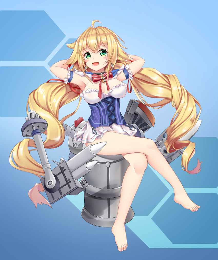 :d ahoge armpits arms_behind_head azur_lane bare_legs barefoot blonde_hair blush breasts capelet choker commentary_request cross cross_earrings crucifix earrings garter_straps green_eyes highres jewelry le_temeraire_(azur_lane) legs long_hair machinery open_mouth sitting skirt smile the_hermit twintails very_long_hair