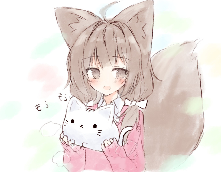 1girl :d ahoge animal animal_ear_fluff animal_ears bangs blush bow brown_eyes brown_hair cat collared_shirt commentary cropped_torso eyebrows_visible_through_hair fox_ears fox_girl fox_tail hair_bow hair_intakes hands_up highres holding holding_animal holding_cat long_hair long_sleeves looking_at_viewer open_mouth original pink_sweater shirt sidelocks sleeves_past_wrists smile solo sweater symbol_commentary tail tail_raised tandohark upper_body white_bow white_shirt