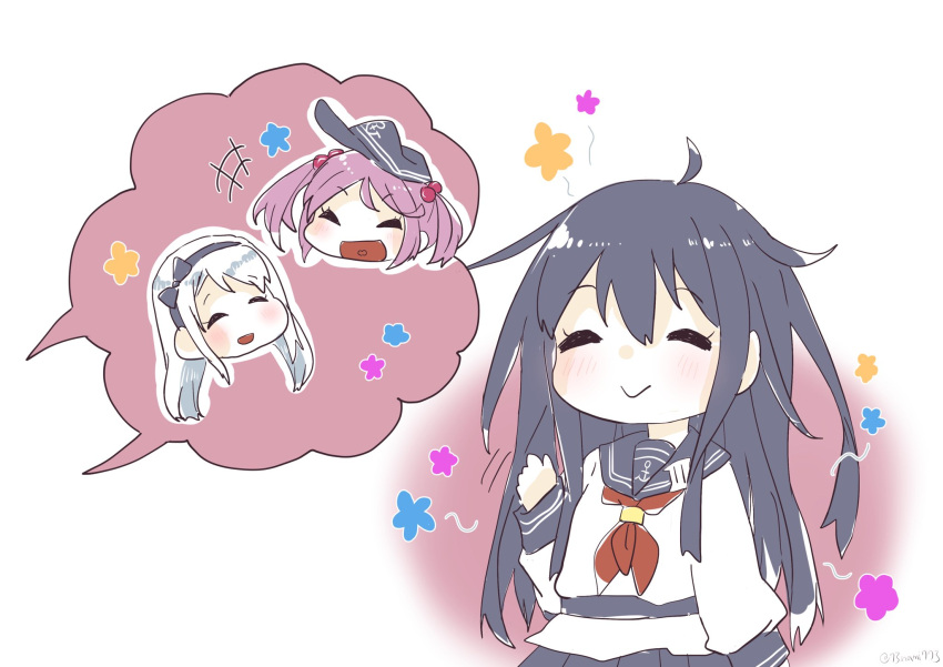 3girls akatsuki_(kantai_collection) anchor_print belt blush closed_eyes closed_mouth commentary_request flat_cap gesture hair_bobbles hair_ornament hair_ribbon hairband hat highres kantai_collection long_hair long_sleeves multiple_girls nami_nami_(belphegor-5812) neckerchief pink_hair pleated_skirt purple_hair red_neckwear ribbon sagiri_(kantai_collection) sazanami_(kantai_collection) school_uniform serafuku sidelocks simple_background skirt smile speech_bubble twintails twitter_username waving waving_arm white_background