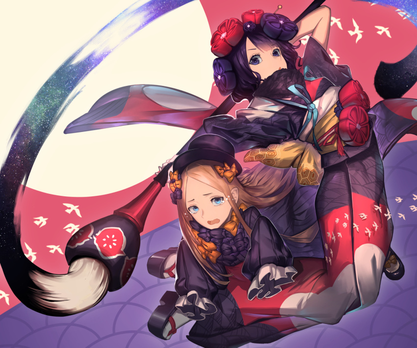 2girls abigail_williams_(fate/grand_order) bangs black_bow black_dress black_footwear black_headwear blonde_hair blue_eyes blush bow bug butterfly calligraphy_brush commentary_request dress eyebrows_visible_through_hair fate/grand_order fate_(series) fixro2n forehead hair_bow hat highres holding holding_paintbrush insect japanese_clothes katsushika_hokusai_(fate/grand_order) kimono long_hair long_sleeves multiple_girls open_mouth orange_bow oversized_object paintbrush parted_bangs parted_lips platform_footwear polka_dot polka_dot_bow purple_hair purple_kimono short_sleeves sleeves_past_fingers sleeves_past_wrists socks tasuki tears very_long_hair violet_eyes white_legwear wide_sleeves
