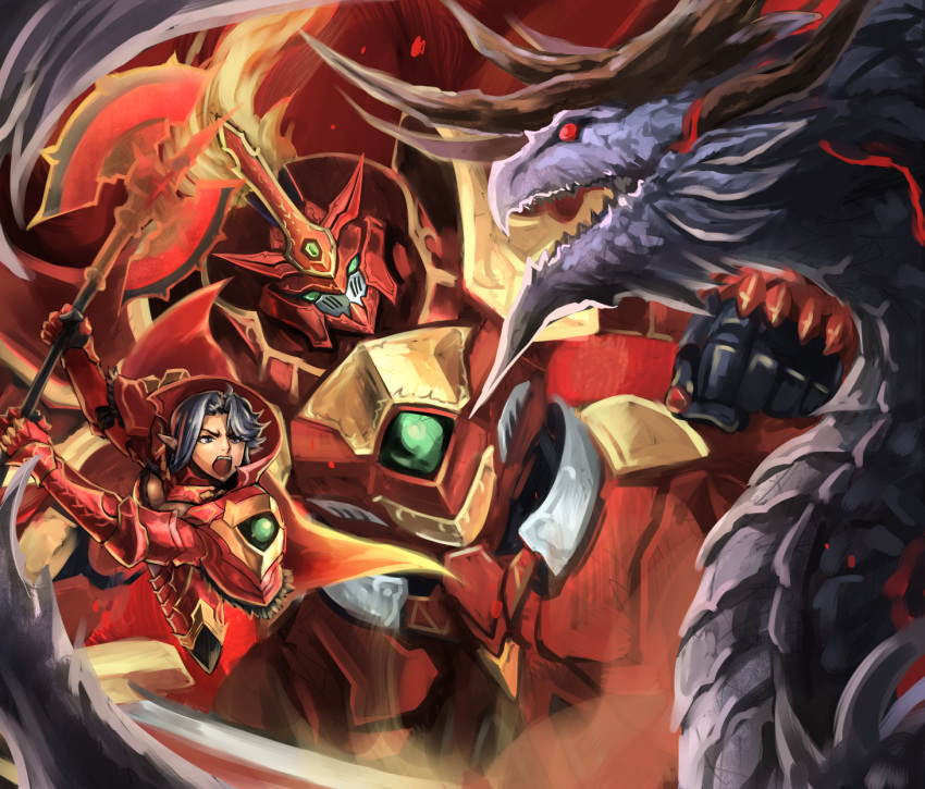 1girl axe clenched_hand commentary_request dragon fennachtur highres holding holding_axe isabella_of_the_red_steel nyaasora pixiv_fantasia pixiv_fantasia_last_saga punching red_armor red_eyes screaming