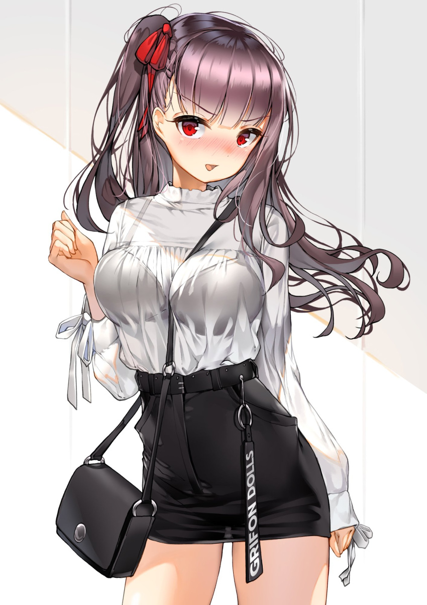 1girl :d bag bangs belt between_breasts black_bra black_skirt blouse blush bra bra_through_clothes braid breasts casual clothes_writing commentary cowboy_shot embarrassed eyebrows_visible_through_hair french_braid girls_frontline hair_ribbon half_updo hand_on_hip high-waist_skirt highres indoors large_breasts lee_seok_ho long_hair long_sleeves looking_at_viewer one_side_up open_mouth pencil_skirt purple_hair red_eyes red_ribbon ribbon see-through shirt shirt_tucked_in shoulder_bag sidelocks skirt sleeves_past_wrists smile solo strap strap_between_breasts tsurime underwear v-shaped_eyebrows very_long_hair wa2000_(girls_frontline) white_blouse white_shirt