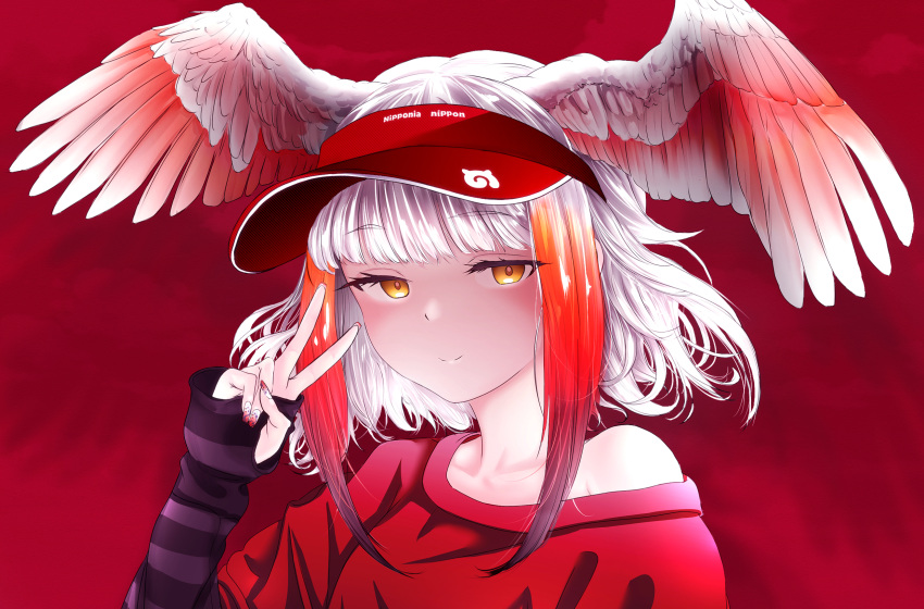 1girl akegata_tobari alternate_costume bangs bare_shoulders bird_wings closed_mouth collarbone commentary_request contemporary eyebrows_visible_through_hair fingernails half-closed_eyes hand_up head_wings highres japanese_crested_ibis_(kemono_friends) japari_symbol kemono_friends long_sleeves looking_at_viewer medium_hair multicolored_hair off_shoulder orange_hair redhead shiny shiny_hair short_over_long_sleeves short_sleeves sidelocks smile solo spread_wings sweater upper_body v visor_cap white_hair wings yellow_eyes