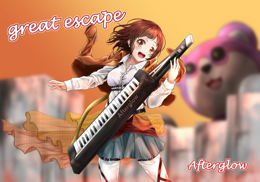1girl afterglow_(bang_dream!) bang_dream! brown_eyes brown_hair brown_jacket commentary_request cowboy_shot cursive dress_shirt english_text grey_skirt group_name hazawa_tsugumi head_tilt highres holding holding_instrument instrument jacket jacket_on_shoulders keyboard_(instrument) keytar light_blush long_sleeves looking_at_viewer michelle_(bang_dream!) miniskirt music open_mouth overskirt partial_commentary playing_instrument pleated_skirt saateen_(tsubame-project13) shirt short_hair skirt smile solo song_name standing thigh-highs thigh_strap white_legwear white_shirt wind