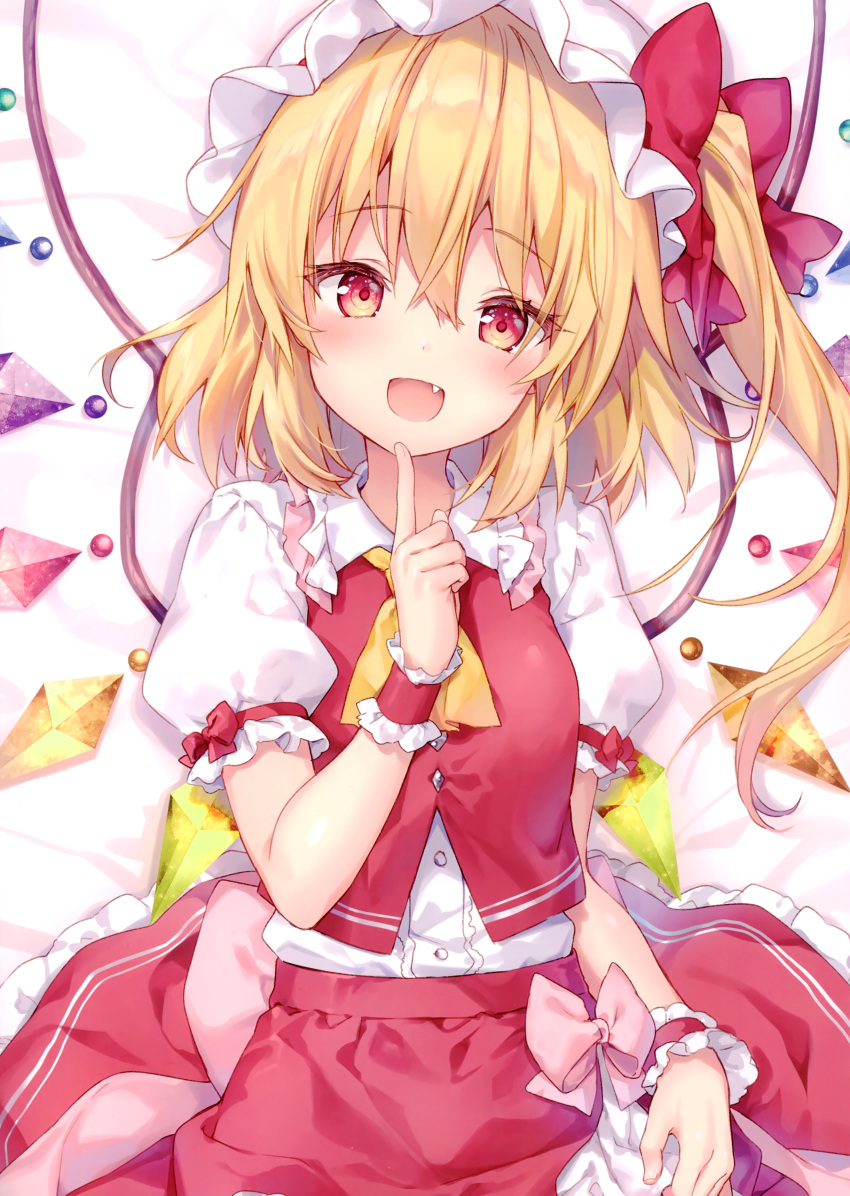 1girl absurdres ascot bangs blonde_hair blush bow buttons eyebrows_visible_through_hair fang fingernails flandre_scarlet frills gem hand_up hat hat_ribbon highres index_finger_raised long_hair looking_at_viewer mob_cap open_mouth ponytail puffy_sleeves red_eyes red_skirt ribbon riichu scan shiny shiny_hair shiny_skin short_sleeves side_ponytail simple_background skirt solo touhou wings wrist_cuffs
