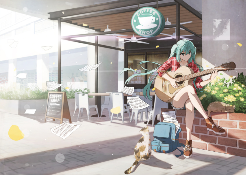 1girl acoustic_guitar aqua_eyes aqua_hair backpack bag blurry_foreground brick_wall bush cat ceiling_fan coffee commentary crossed_legs cup day english_commentary guitar hatsune_miku highres huge_filesize instrument lens_flare long_hair music outdoors paper petals plaid plaid_shirt playing_instrument red_shirt scenery shadow sheet_music shirt shoes shop shorts sign sitting smile sneakers star sunlight symbol_commentary twintails very_long_hair vocaloid wide_shot zhenyuann