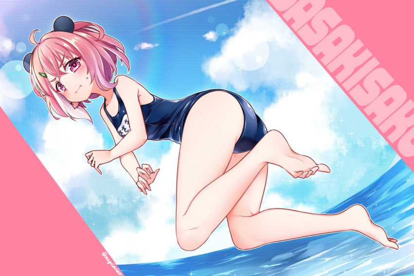 1girl ahoge ass bangs bare_shoulders barefoot blush border breasts character_name closed_mouth clouds commentary day earrings feet full_body hair_ornament hairclip jewelry jumping looking_at_viewer misato_nagi nijisanji octopus outdoors pink_border pink_eyes pink_hair sasaki_saku school_swimsuit small_breasts smile solo sun_flare sweatdrop swimsuit twitter_username virtual_youtuber water
