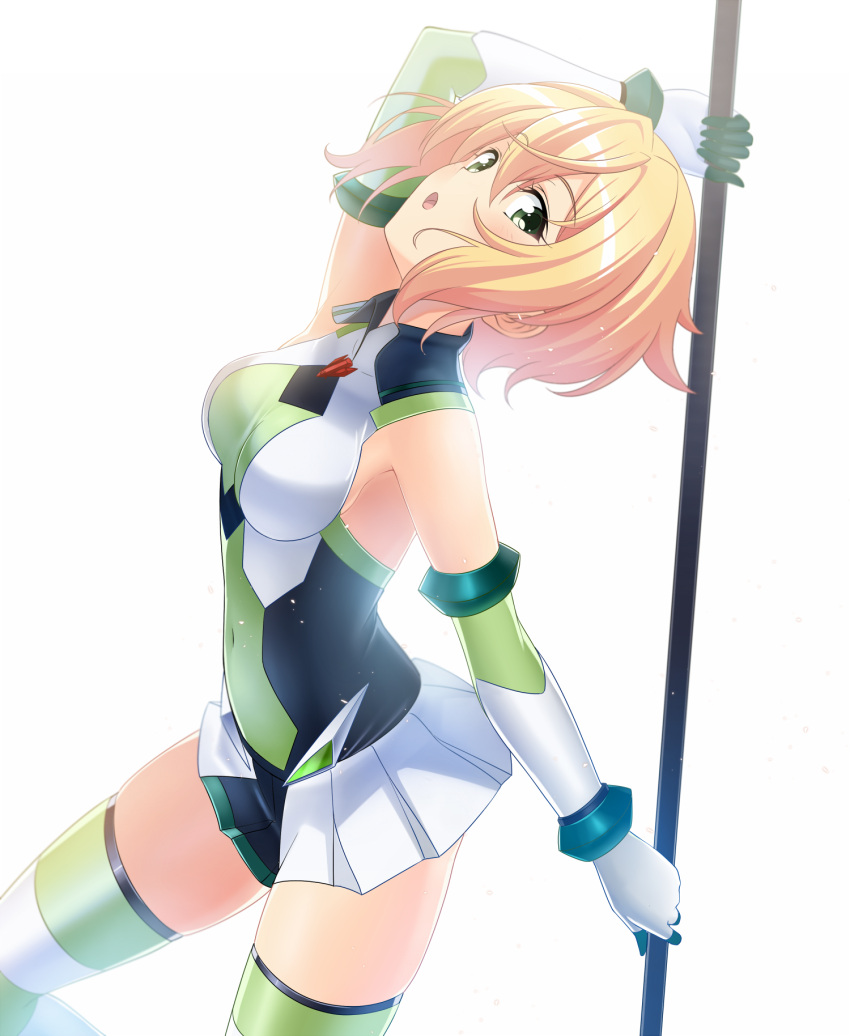 1girl akatsuki_kirika arm_up bare_shoulders blonde_hair blush breasts commentary_request covered_navel elbow_gloves gloves green_eyes hair_ornament highres leotard looking_at_viewer medium_breasts nyanmaru open_mouth scythe senki_zesshou_symphogear shiny shiny_hair shiny_skin short_hair simple_background skirt standing striped striped_legwear white_background x_hair_ornament