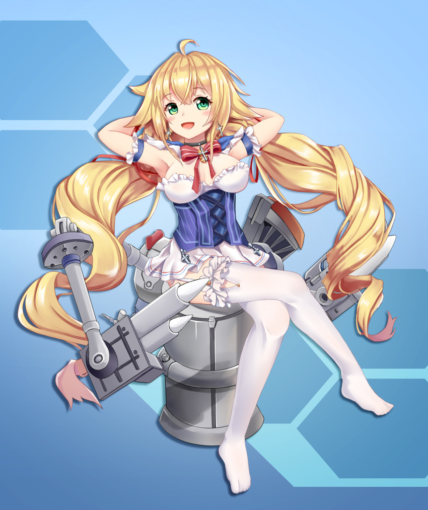 :d ahoge armpits arms_behind_head azur_lane blonde_hair blush breasts capelet choker commentary_request cross cross_earrings crucifix earrings frilled_legwear garter_straps green_eyes highres jewelry le_temeraire_(azur_lane) legs long_hair machinery no_shoes open_mouth sitting skirt smile the_hermit thigh-highs twintails very_long_hair white_legwear