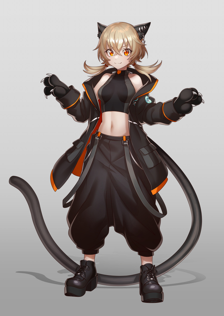 :3 absurdres animal_ears baggy_pants bare_shoulders black_cat blonde_hair cat cat_ears cat_girl cat_paws cat_tail claws commentary_request earrings eyebrows_visible_through_hair grey_background highres jacket jewelry looking_at_viewer midriff off_shoulder open_clothes open_jacket orange_eyes original pants paws platform_footwear sarukichi shadow short_twintails simple_background skin_tight slit_pupils standing suspenders tachi-e tail twintails