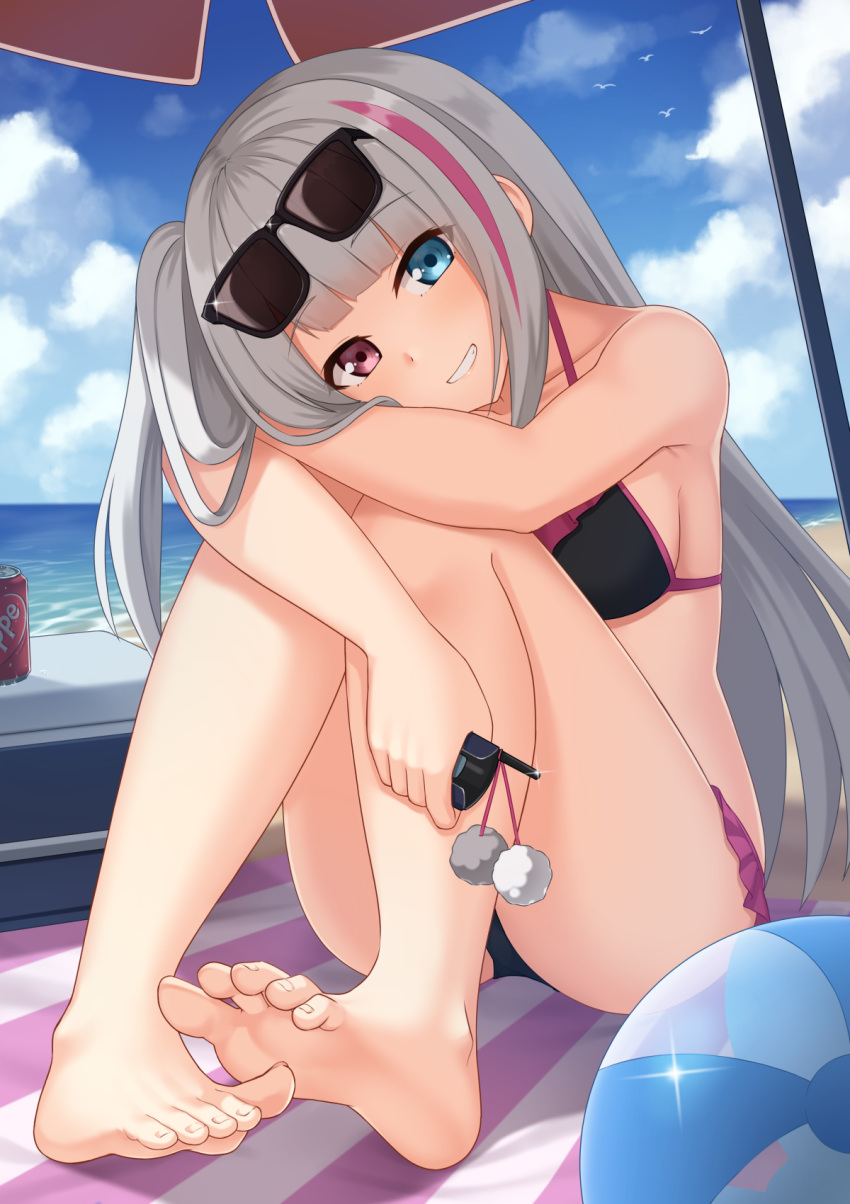 1girl arms_on_knees bangs beach bikini bird black_bikini blue_eyes blush breasts can cellphone cooler eyebrows_visible_through_hair feet flip_phone frilled_bikini frills full_body girls_frontline grey_hair grin head_on_knees heterochromia highres holding holding_phone kurisu-kun long_hair looking_at_viewer mdr_(girls_frontline) multicolored_hair ocean one_side_up phone pink_eyes pink_hair sand sidelocks sitting smile soles solo streaked_hair swimsuit toes