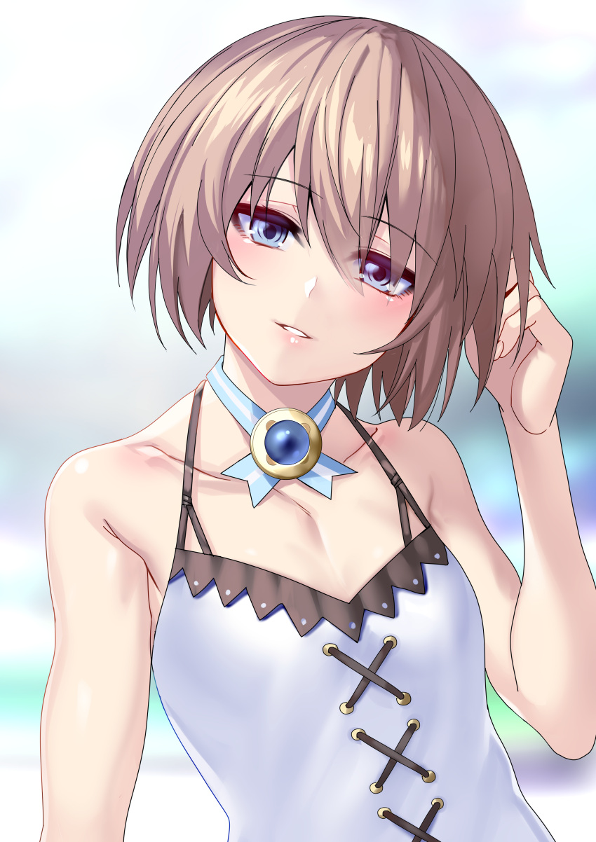 1girl absurdres bare_shoulders blanc blue_eyes blush brown_hair highres looking_at_viewer neptune_(series) nyamota open_mouth short_hair smile solo