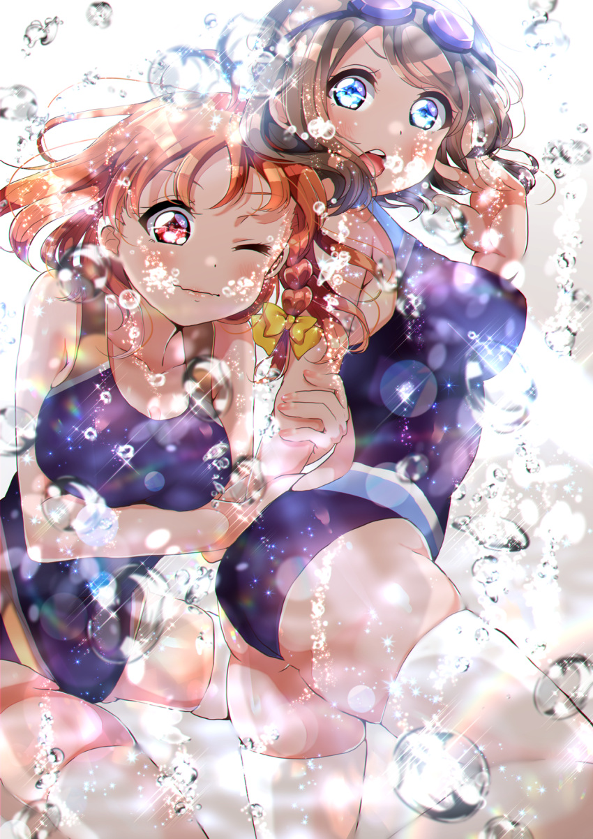 2girls ahoge air_bubble arm_hug black_swimsuit blue_eyes braid brown_hair bubble competition_swimsuit cowboy_shot goggles goggles_on_head highres looking_at_viewer love_live! love_live!_sunshine!! multiple_girls one-piece_swimsuit open_mouth orange_hair panda_copt red_eyes ribbon round_teeth short_hair side_braid simple_background swimsuit takami_chika teeth thigh-highs underwater upper_teeth watanabe_you wavy_hair white_background white_legwear yellow_ribbon