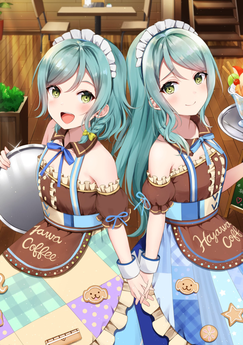 2girls :d absurdres alternate_costume apron aqua_hair back-to-back bang_dream! bangs bare_shoulders blue_dress blue_neckwear blue_ribbon bow braid brown_shirt cafe center_frills checkered closed_mouth clothes_writing collar collarbone commentary_request cuff_links detached_collar dress enmaided eyebrows_visible_through_hair feet_out_of_frame frilled_apron frills from_side green_eyes hair_bow hand_up highres hikawa_hina hikawa_sayo holding holding_hands holding_tray indoors long_hair looking_at_viewer maid maid_apron maid_headdress mia_(fai1510) multiple_girls neck_ribbon open_mouth parfait puffy_short_sleeves puffy_sleeves ribbon shirt short_hair short_sleeves siblings side_braid sidelocks sisters smile standing star striped_apron swept_bangs teeth tray twin_braids twins upper_teeth waist_apron wrist_cuffs yellow_bow