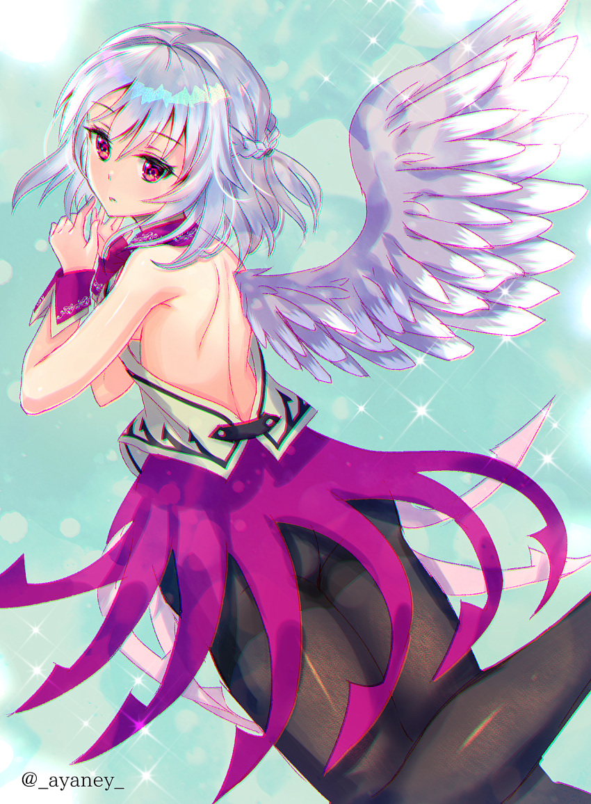 1girl adapted_costume aqua_background artist_name ass ayane_yui backless_dress backless_outfit bangs bare_back black_legwear braid chromatic_aberration commentary_request dress eyebrows_visible_through_hair feathered_wings feet_out_of_frame french_braid from_behind grey_vest hair_between_eyes hands_up head_tilt highres kishin_sagume looking_at_viewer looking_back pantyhose purple_dress red_eyes short_hair silver_hair single_wing solo sparkle thighband_pantyhose thighs touhou twitter_username vest white_wings wings wrist_cuffs