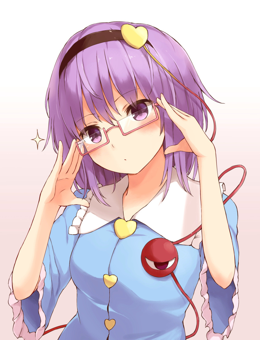 1girl absurdres adjusting_eyewear bangs bespectacled black_hairband blue_shirt blush breasts commentary_request eyebrows_visible_through_hair frilled_shirt_collar frilled_sleeves frills glasses gradient gradient_background hair_between_eyes hair_ornament hairband hands_up head_tilt heart heart_hair_ornament highres komeiji_satori looking_at_viewer pink_background purple_hair red-framed_eyewear shirt short_hair short_sleeves small_breasts solo sparkle techi_(techi35499) third_eye touhou upper_body violet_eyes white_background wide_sleeves