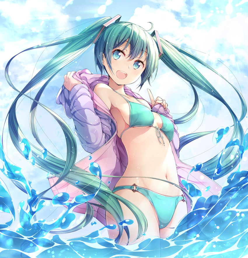 1girl :d ahoge alternate_costume aqua_bikini aqua_eyes bangs bare_shoulders bikini blue_hair blue_sky blush breasts commentary cowboy_shot day eyebrows_visible_through_hair from_below front-tie_top hair_ornament hatsune_miku highres hood hood_down hoodie index_finger_raised long_hair long_sleeves looking_at_viewer looking_down matsuuni medium_breasts navel o-ring o-ring_bottom off_shoulder open_clothes open_hoodie open_mouth outdoors revision sky smile solo swimsuit thighs twintails undressing unzipped very_long_hair vocaloid water