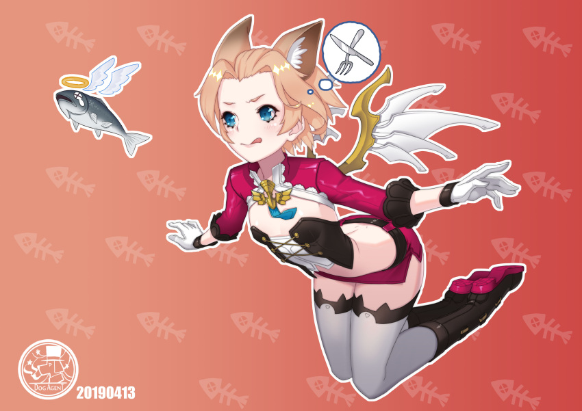 1girl absurdres angel_wings animal_ears belt blonde_hair blue_eyes blush breasts cat_ears cat_girl closed_eyes commentary_request cutlery dead_animal fish flat_chest fork gloves halo highres knife lanyaojun licking_lips looking_to_the_side miniskirt necktie original pink_headwear pink_skirt short_hair simple_background skirt small_breasts thigh-highs thighs thought_bubble tongue tongue_out white_gloves wings wrist_cuffs