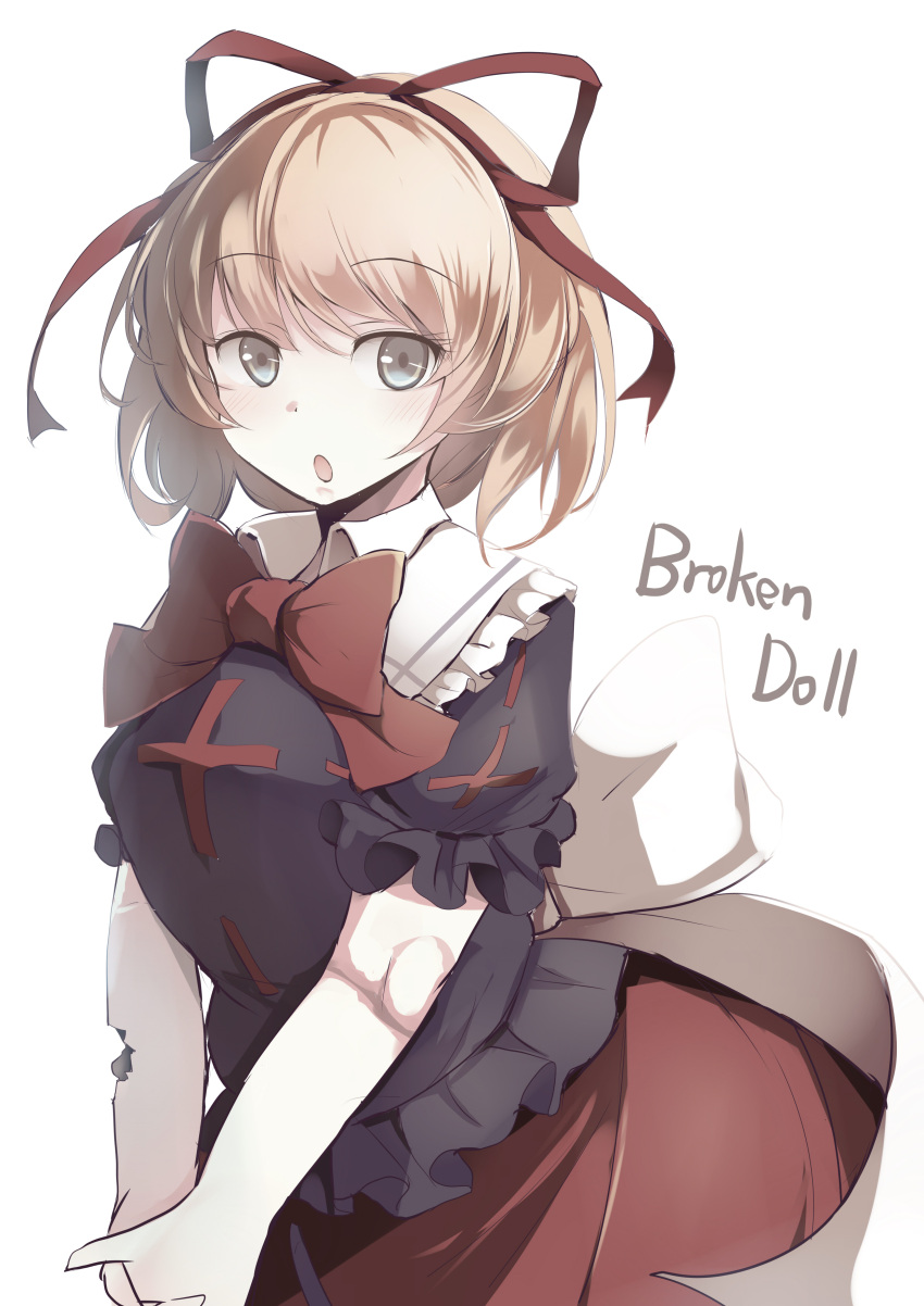 1girl :o absurdres blonde_hair blue_eyes bow breasts bubble_skirt cracked_skin doll doll_joints eyebrows_visible_through_hair eyelashes frilled_shirt frilled_shirt_collar frilled_sleeves frills highres kanzakietc lolita_fashion looking_at_viewer medicine_melancholy medium_breasts nameless_hill open_mouth puffy_short_sleeves puffy_sleeves red_bow red_neckwear red_ribbon ribbon shirt short_hair short_sleeves skirt touhou wavy_hair