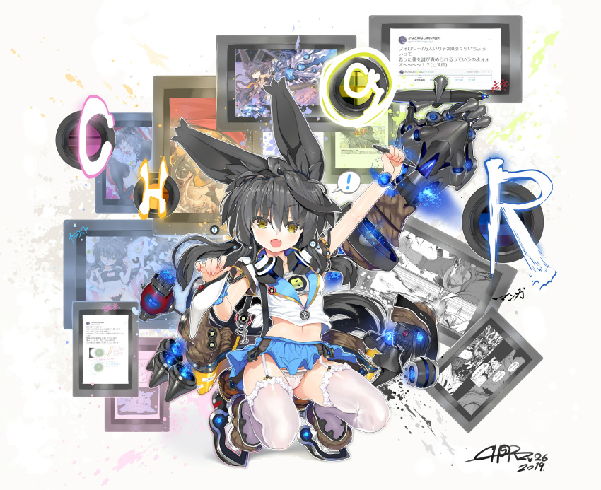 ! 1girl :o absurdres animal_ear_fluff animal_ears arm_up bangs black_hair blue_sailor_collar blue_skirt breasts brown_eyes brown_footwear char colored_eyelashes commentary_request dated eyebrows_visible_through_hair fang fingernails garter_straps glowing hair_between_eyes highres holding holding_stylus long_hair midriff navel necro-san open_mouth original panties pleated_skirt revision sailor_collar shirt shoes short_sleeves signature skirt small_breasts solo spoken_exclamation_mark squatting stylus thigh-highs translation_request underwear very_long_hair white_legwear white_panties white_shirt
