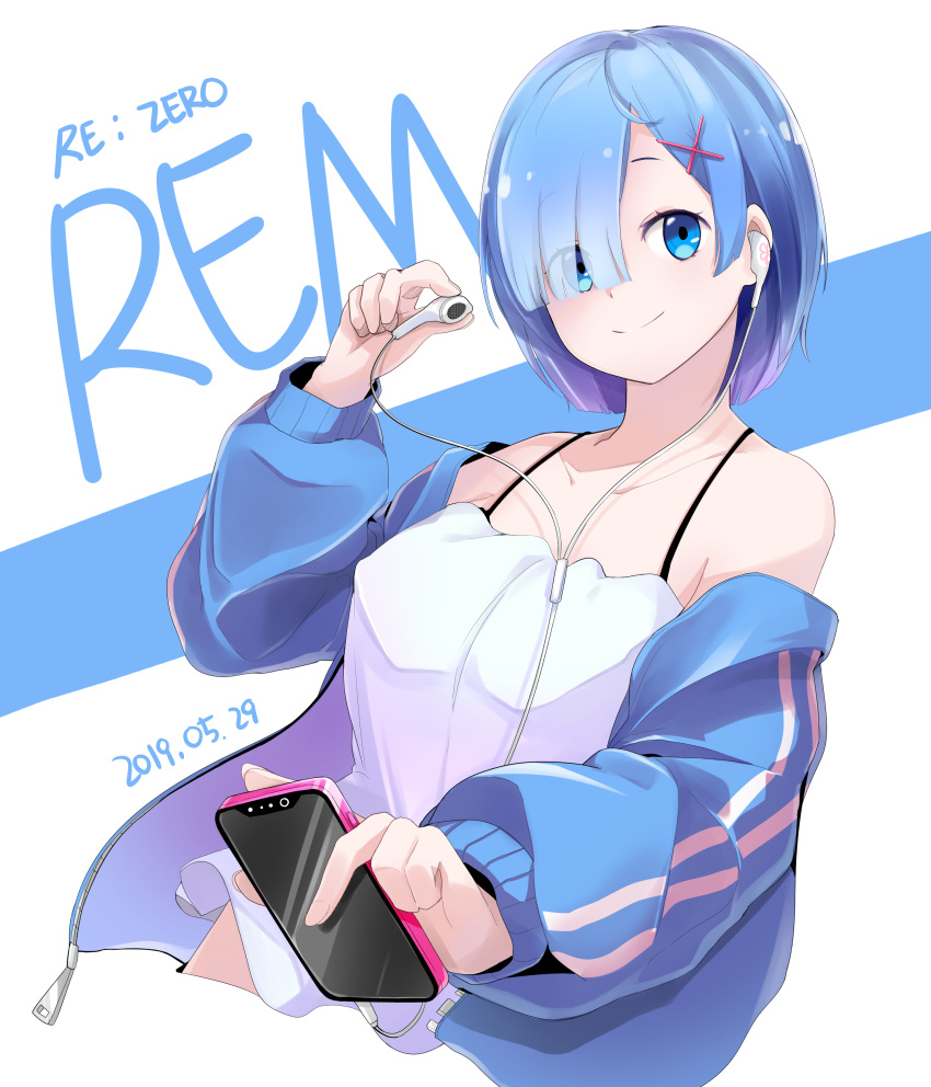1girl absurdres blue_eyes blue_hair bra_strap breasts cable cellphone cropped_legs dated ddangbi dress earphones earphones hair_ornament hair_over_one_eye highres jacket large_breasts off_shoulder open_clothes open_jacket phone re:zero_kara_hajimeru_isekai_seikatsu rem_(re:zero) short_hair smartphone smile solo spaghetti_strap strapless strapless_dress track_jacket white_dress x_hair_ornament