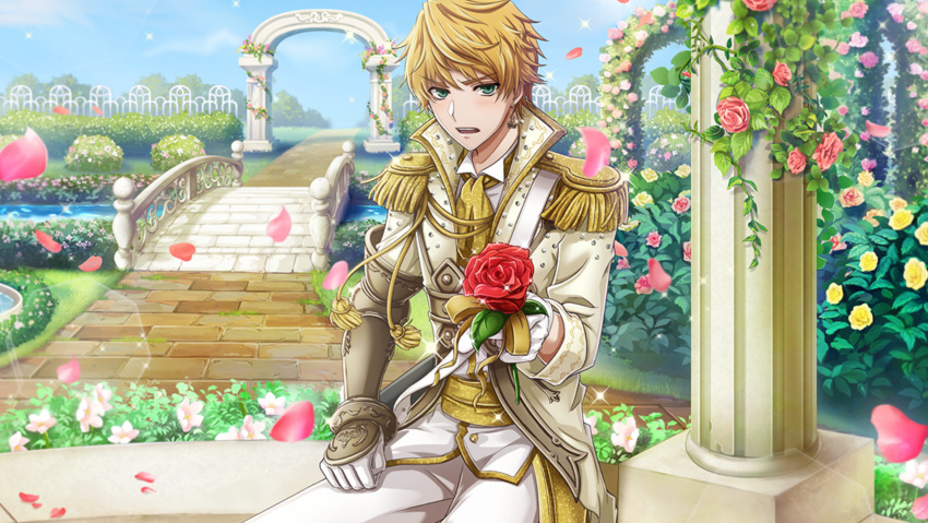 1boy aiguillette alternate_costume armor bangs blonde_hair blue_sky blush brown_bess_(senjuushi) clenched_hand cravat day earrings embarrassed epaulettes eyebrows_visible_through_hair flower frown game_cg garden gauntlets gloves green_eyes highres holding holding_flower jewelry light_blush looking_at_viewer male_focus non-web_source official_art open_mouth petals reaching_out red_flower red_rose rose rose_petals senjuushi:_the_thousand_noble_musketeers short_hair single_earring single_gauntlet sitting sky solo sparkle white_gloves yellow_flower yellow_rose