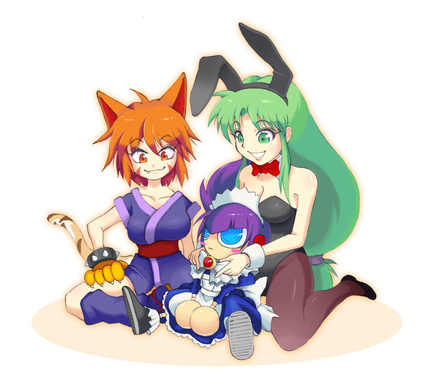 2girls :| alternate_costume androgynous animal_ears apron bare_shoulders blue_eyes blush_stickers bow bowtie breasts bunny_girl bunnysuit cat_ears cat_paws cat_tail closed_mouth crossed_legs enmaided eyebrows_visible_through_hair facial_tattoo fang flats ganbare_goemon green_eyes green_hair japanese_clothes large_breasts long_hair low-tied_long_hair maid maid_apron maid_headdress mechanical_hands multiple_girls ninja orange_eyes orange_hair pantyhose paws purple_hair rabbit_ears robot robot_ears ryukou0125 sasuke_(ganbare_goemon) shoes short_hair sitting smile sneakers suzaku_(ganbare_goemon) tabi tail tattoo yae_(ganbare_goemon)