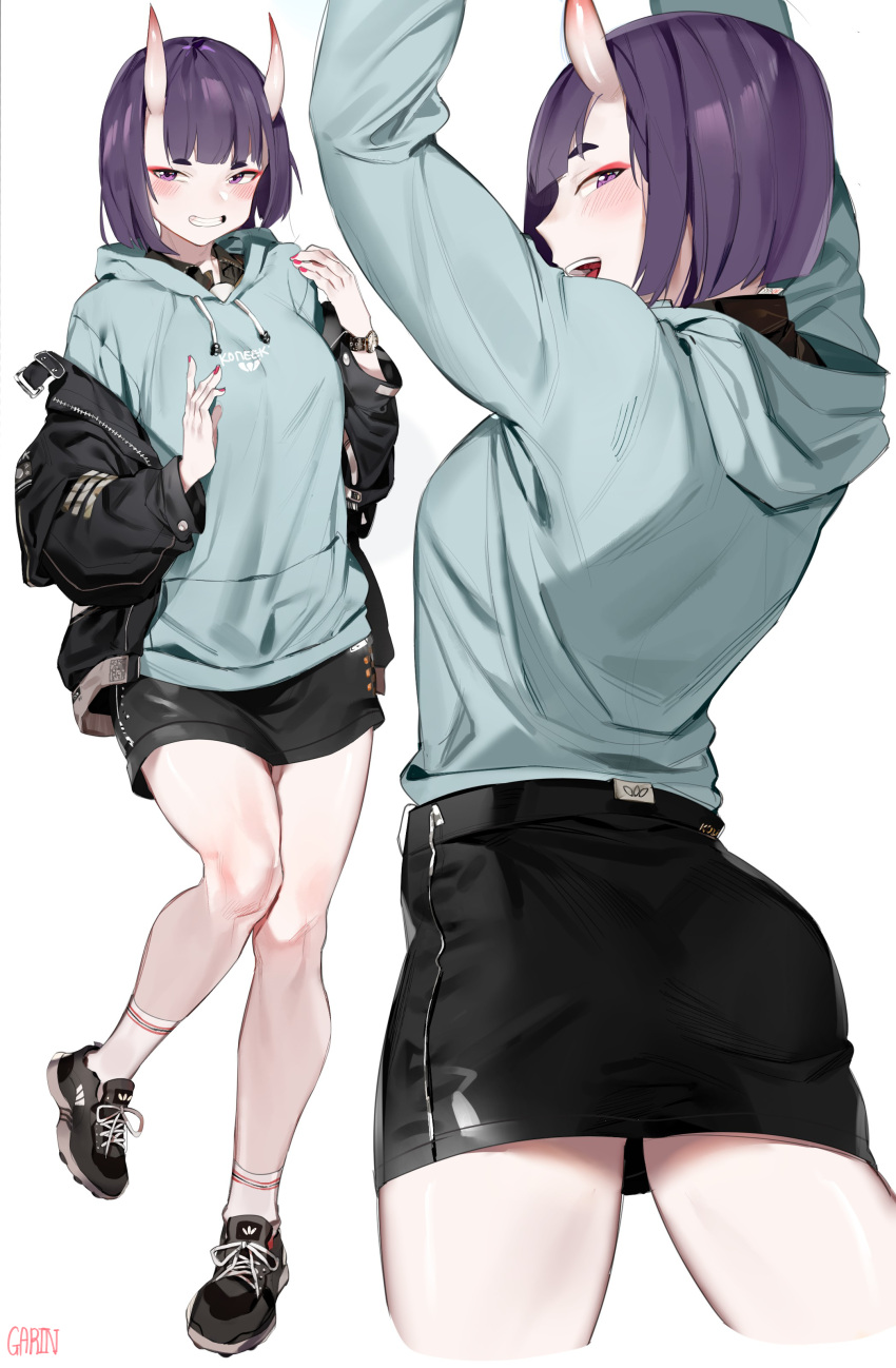 1girl absurdres arms_up black_footwear black_jacket black_skirt blue_hoodie blush commentary_request cropped_legs fate/grand_order fate_(series) fingernails garin grin hands_up highres hood hood_down hoodie horns jacket looking_at_viewer multiple_views off_shoulder oni oni_horns open_clothes open_jacket profile purple_hair red_nails shoes shuten_douji_(fate/grand_order) simple_background skirt smile sneakers socks standing standing_on_one_leg violet_eyes white_background white_legwear
