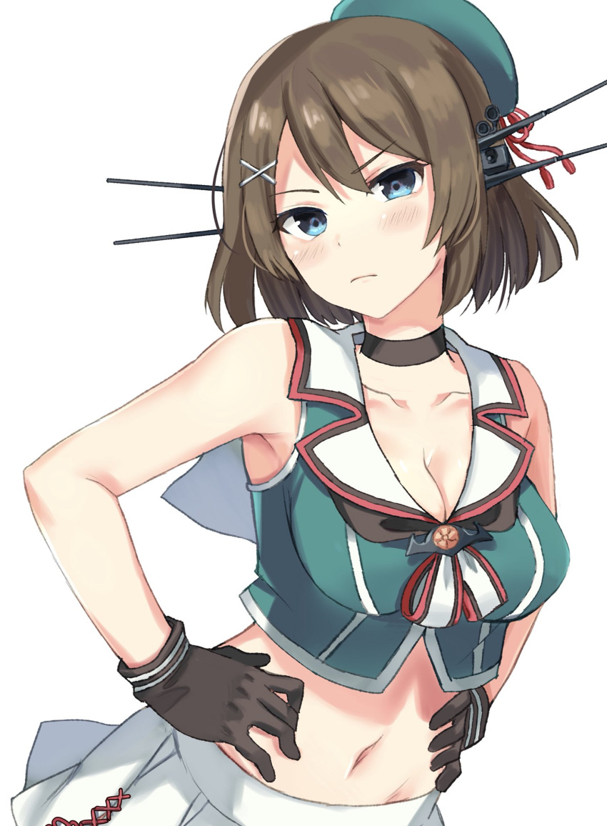 1girl beret black_gloves blue_eyes breasts brown_hair cowboy_shot gloves green_headwear hair_ornament hairclip hands_on_hips hat headgear highres kantai_collection large_breasts looking_at_viewer maya_(kantai_collection) midriff pleated_skirt remodel_(kantai_collection) school_uniform senbei_(senbe_i) serafuku short_hair simple_background skirt sleeveless solo white_background x_hair_ornament